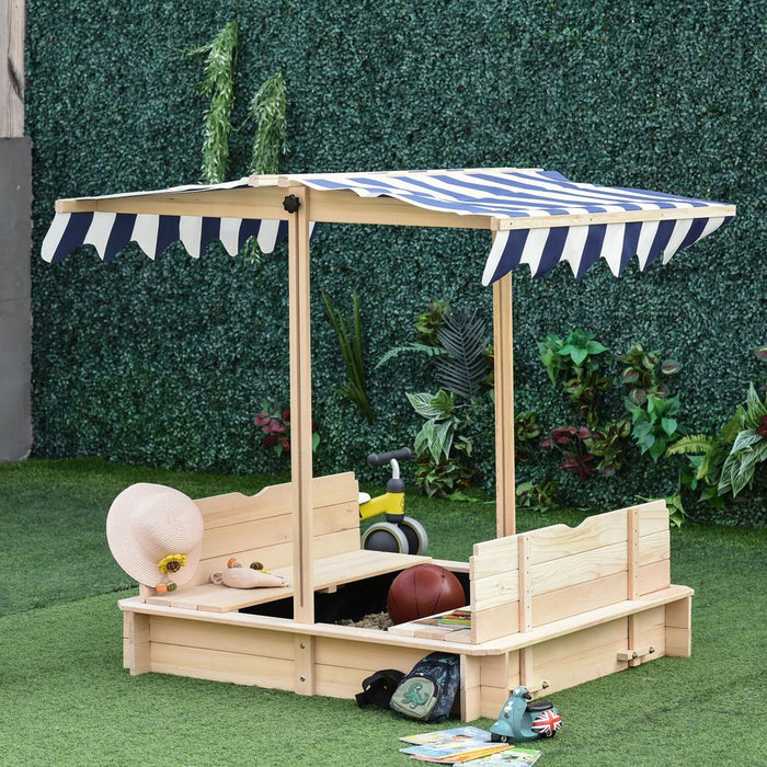 Premium Kids Wooden Sandpit: Adjustable Canopy, 2 Benches, Wood Frame - Perfect Outdoor Playset