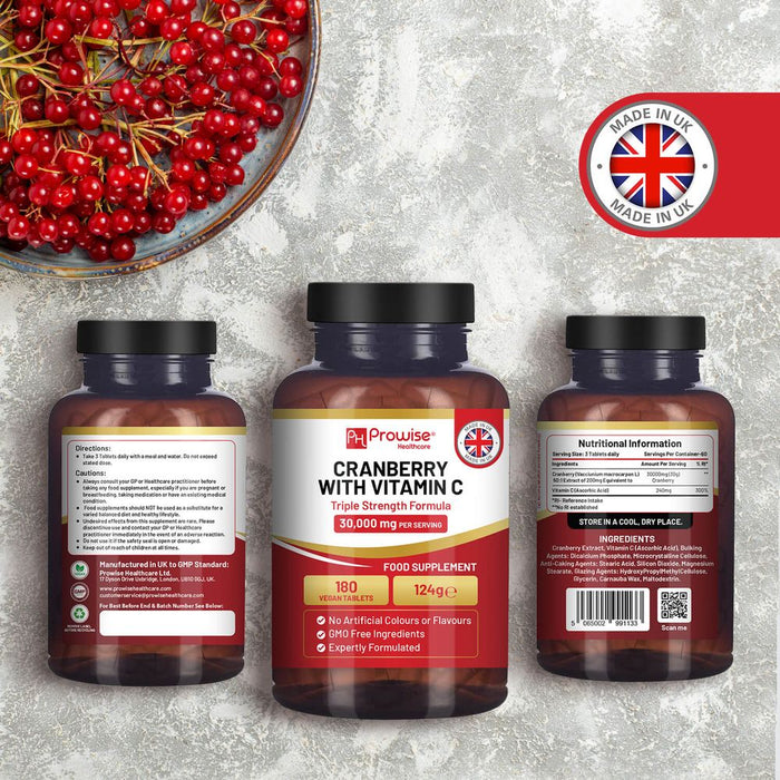 Triple Strength Cranberry 30,000mg + Vitamin C I 180 Vegan Tablets by Prowise - High Quality, Immune Support