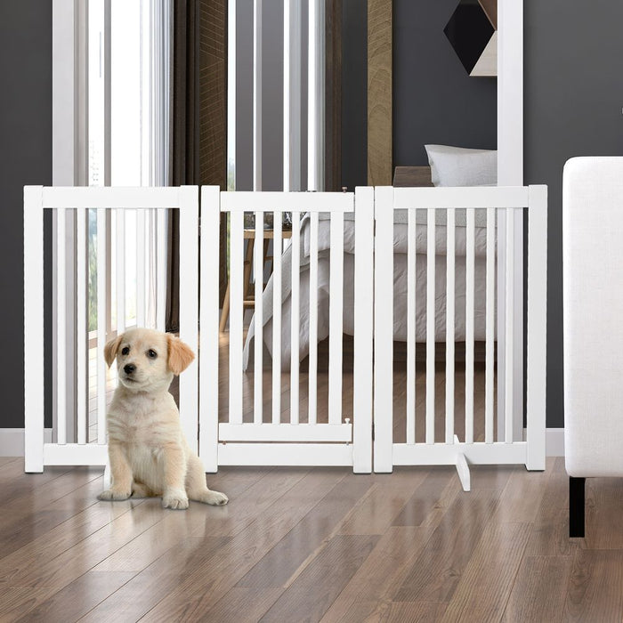 PawHut Freestanding Dog Gate Wood Doorway Safety Pet Barrier Fence Foldable w/Latch White, 155 x 76 cm