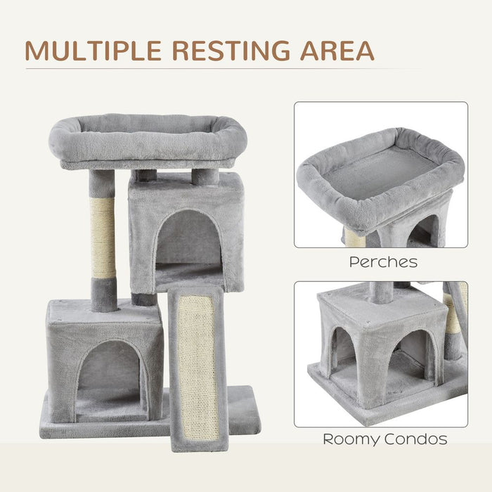 Premium Cat Activity Tree: Rest, Play & Scratch - 2 House Cushion Perch Post - Grey