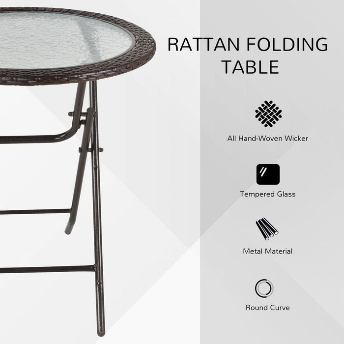 Premium Outsunny Round Glass Metal Table - Folding & Weatherproof - Brown Rattan Edging