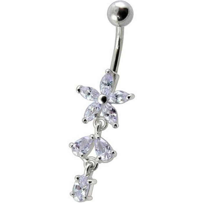 Fancy Non Moving Silver Flower Dangling SS Bar Belly Ring