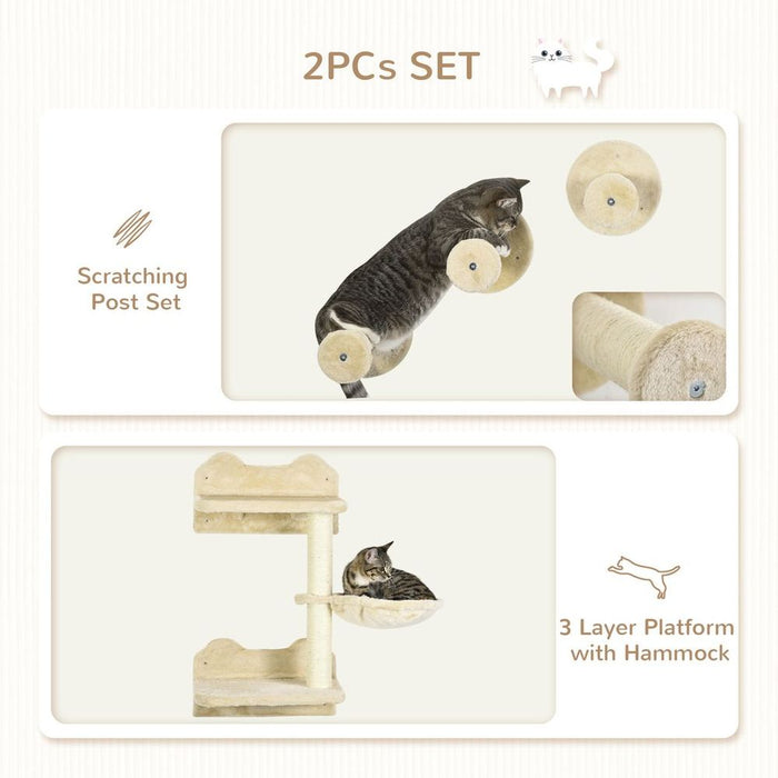 Premium Wall-Mounted Cat Tree - Beige, 4-Piece Set for Indoor Cats, Scratching Post, Hammock