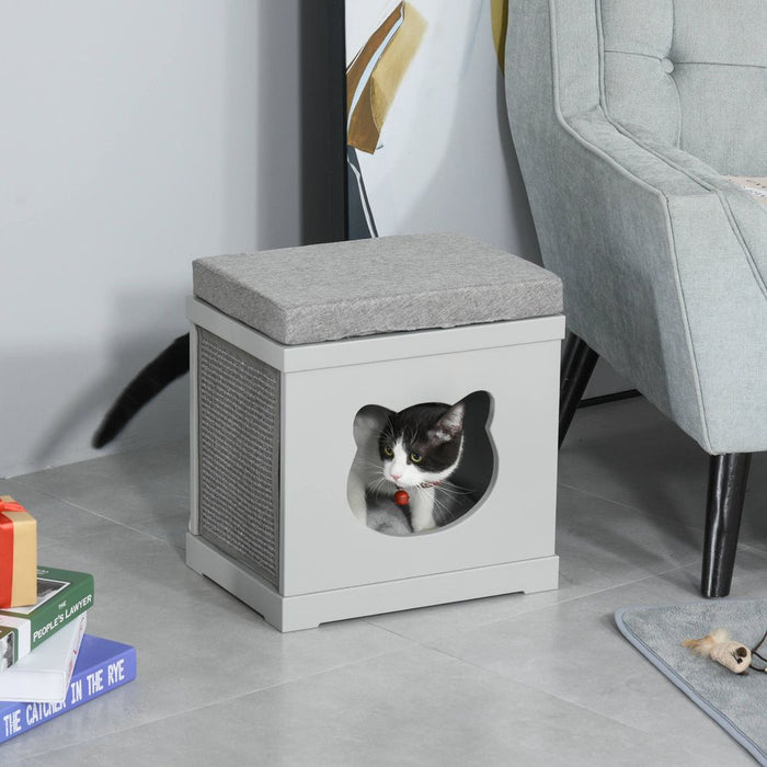 PawHut Cat House Bed Cat Scratching Cube for Small Cat Pet Furniture with Removable Scratching Pad and Soft Cushion Grey