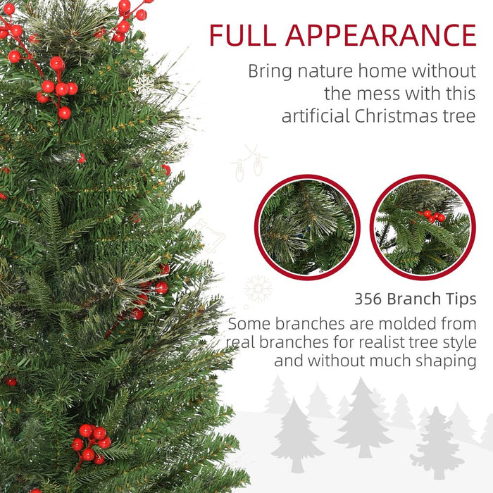 HOMCOM 5ft Pencil Artificial Christmas Tree with Realistic Branches, Red Berries, Auto Open, Green