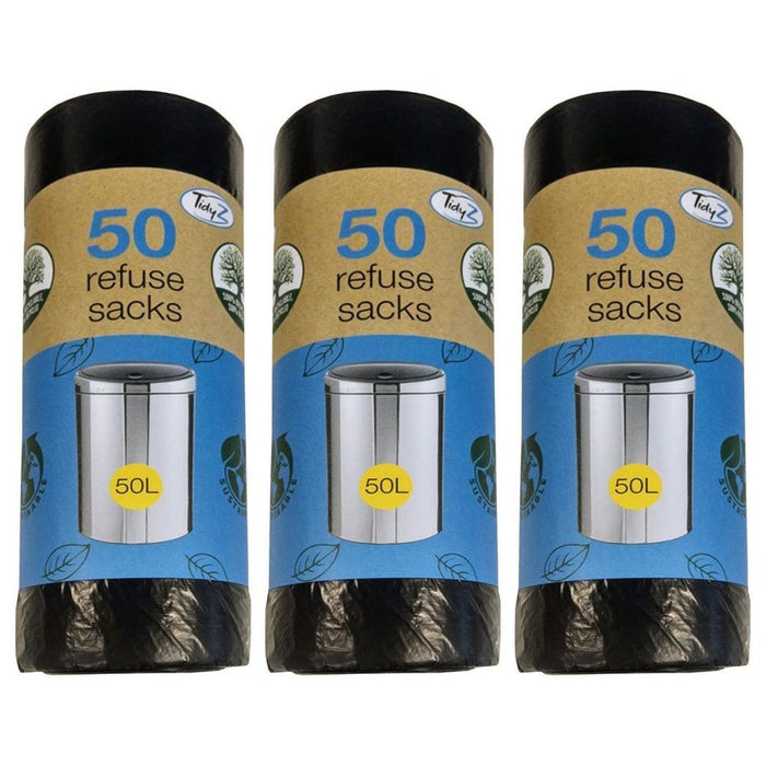 Tidyz Drawstring Refuse Sacks Bin Bags, Black,50L(Select Your Pack)