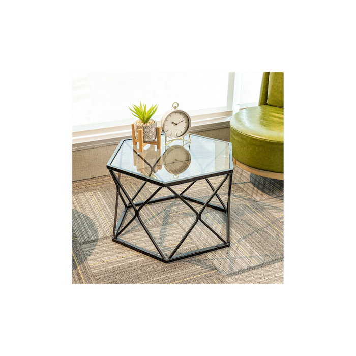 Premium Hexagon Black Coffee Side Table - Sleek Design, Tempered Glass Top