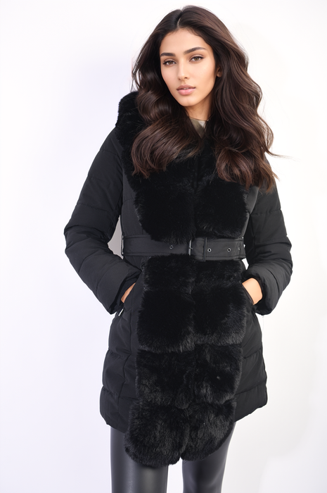 Padded Faux Fur Trim Longline Coat