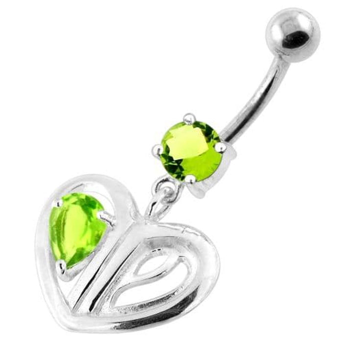 Jeweled Heart Cut out 925 Sterling Silver Navel Bar