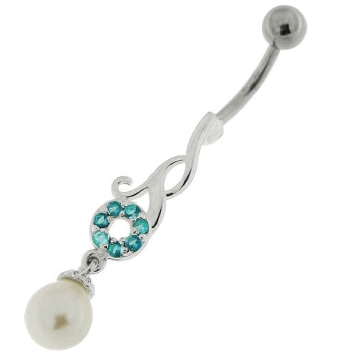 Jeweled Fancy Pearl Dangling Steel Banana Bar Navel Belly Ring