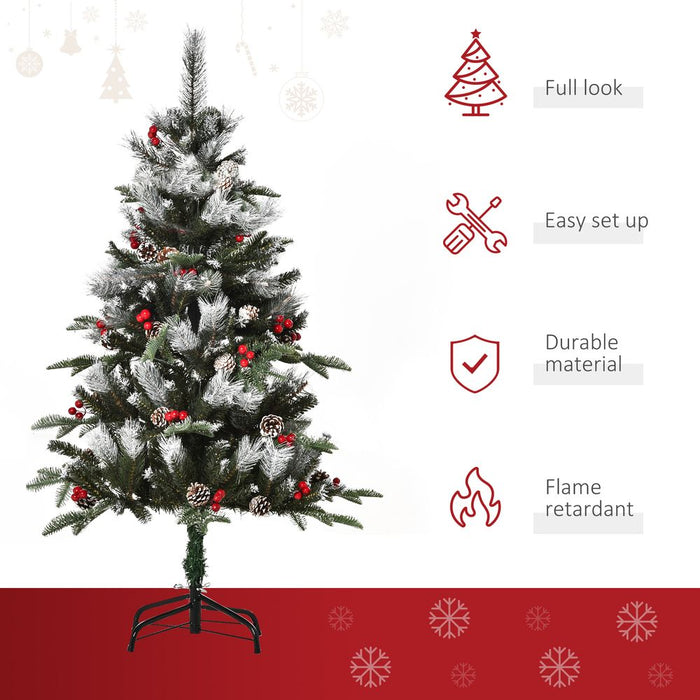 4FT Artificial SnowDipped Christmas Tree Foldable Berries White Pinecones Green