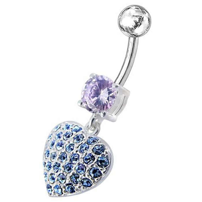 Fancy  Jeweled Heart Dangling SS Bar Belly Ring