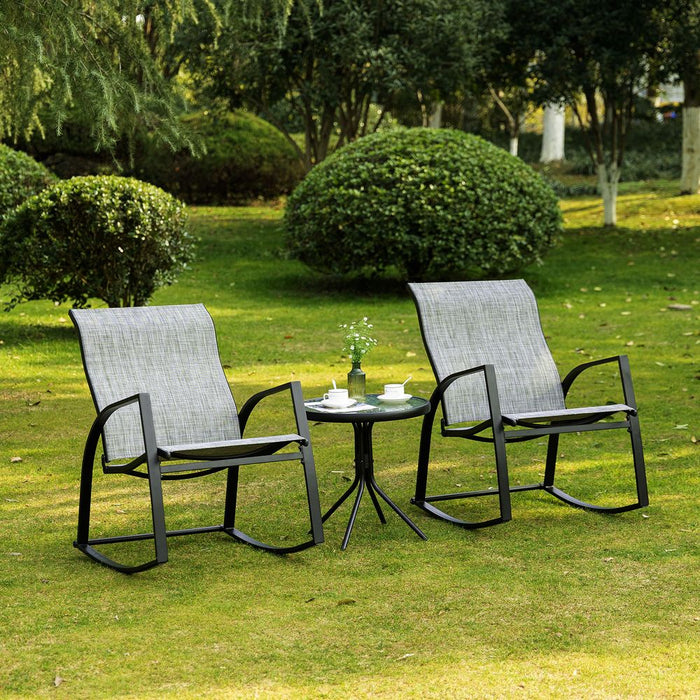 Outdoor Rocking Chair Set w/ Glass Table - Patio Bistro Furniture - Steel Frames