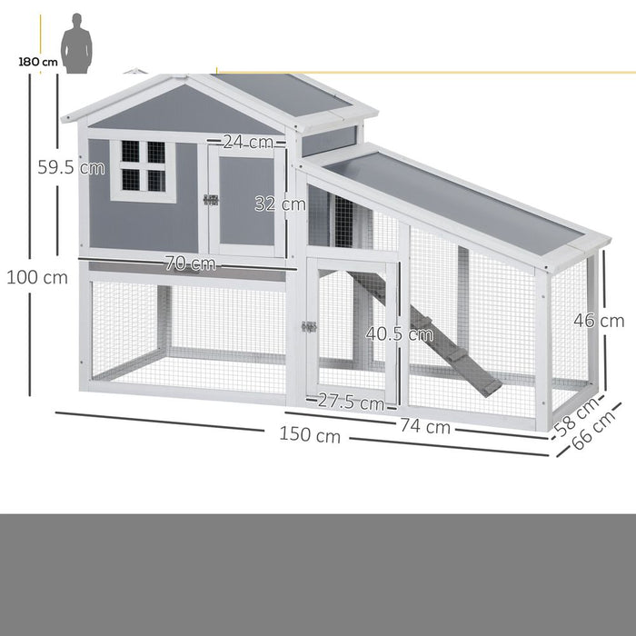 PawHut Wooden Rabbit Hutch 2 Tier Guinea Pig Cage Bunny Run w/Sunlight Panel Roof and Slide-Out Tray, Grey