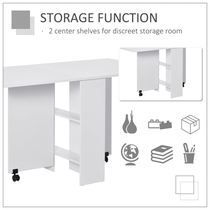 Space-Saving Folding Desk Table | Mobile Drop Leaf | Wheel Storage Shelves | White