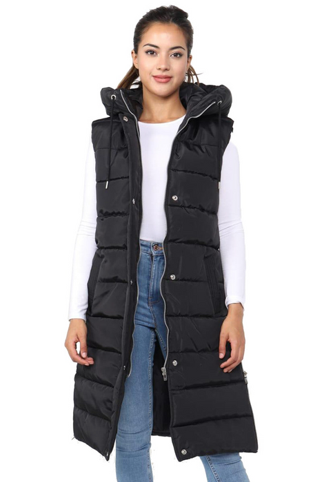 Ladies Girls Long Hooded Puffer Warm Padded Sleeveless Gilet Bodywarmer Zipper