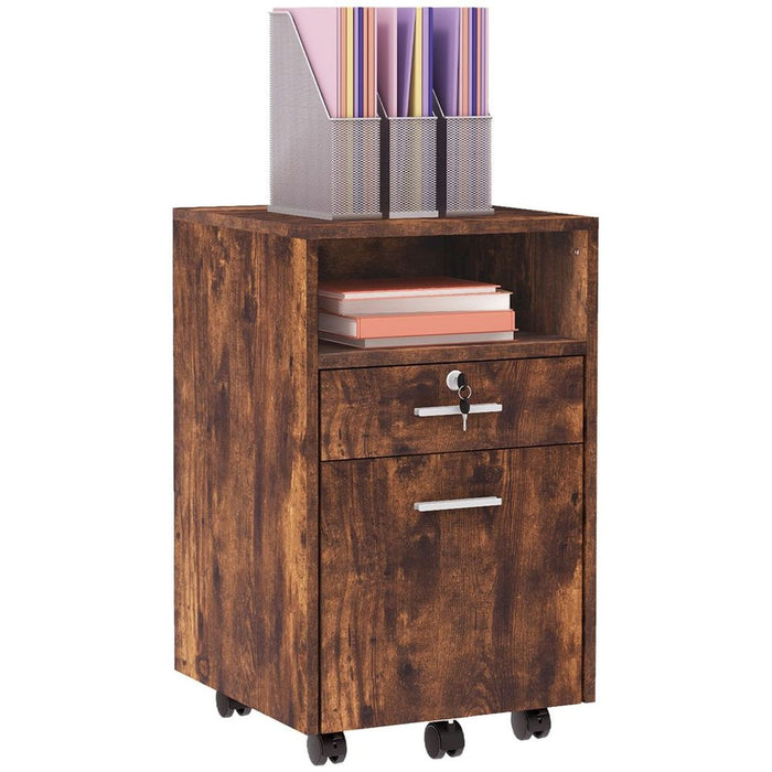 Premium Vinsetto Mobile File Cabinet - Lockable Storage w/ 5 Wheels - Rustic Brown - Sleek & Functional