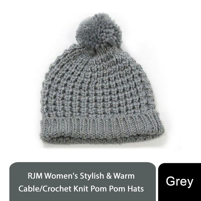 Stylish Ladies Winter Knitted Beanie with Pom Pom - Grey or Blue