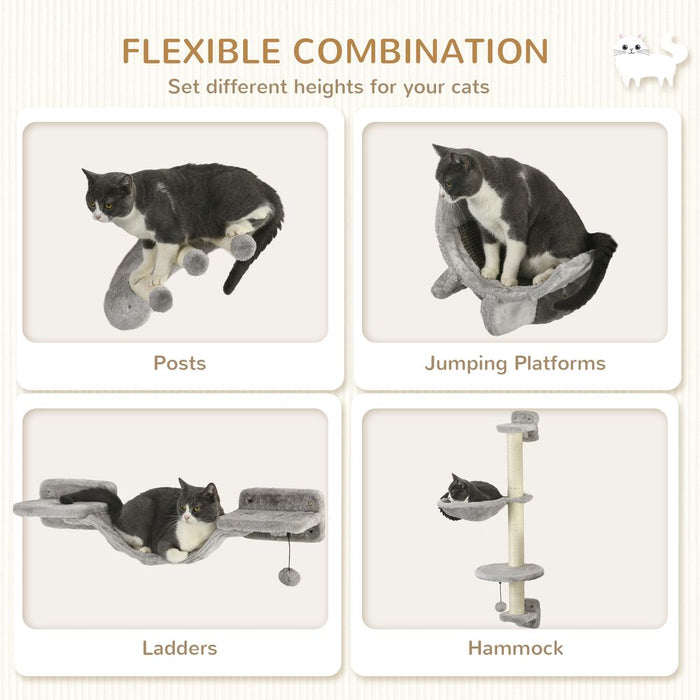 PawHut 4PCs Cat Furniture Set: Wall Hammock, Ladder, Platforms, Steps - Grey