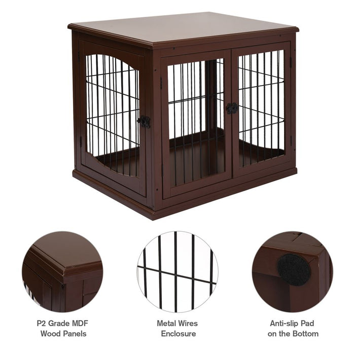 Wooden Dog Crate End Table Pet Puppy Cage w/Metal Wire for Small Dog Brown