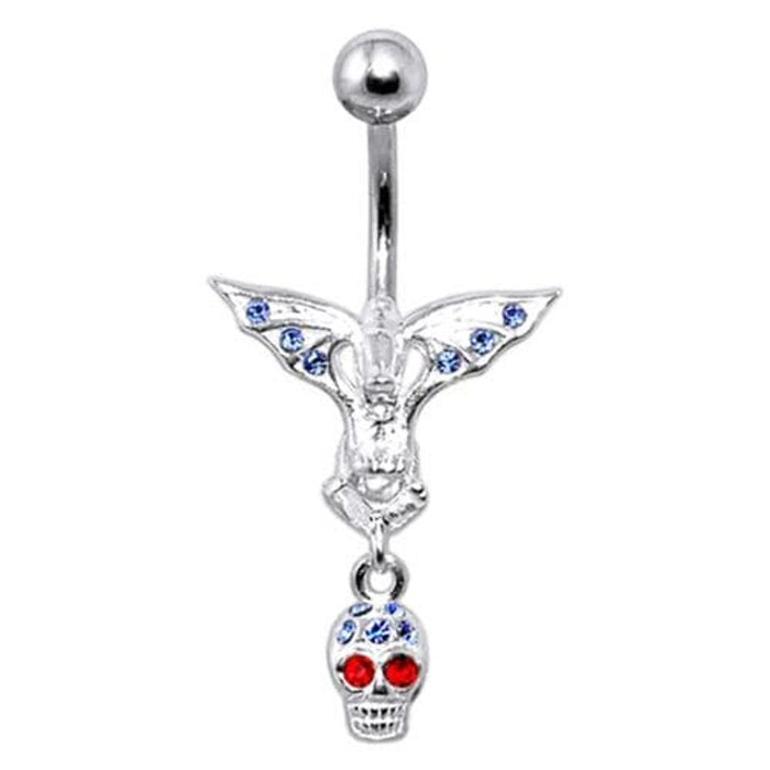 Fancy Silver Jeweled Devil Skull Dangling Ss Banana Bar Belly Ring