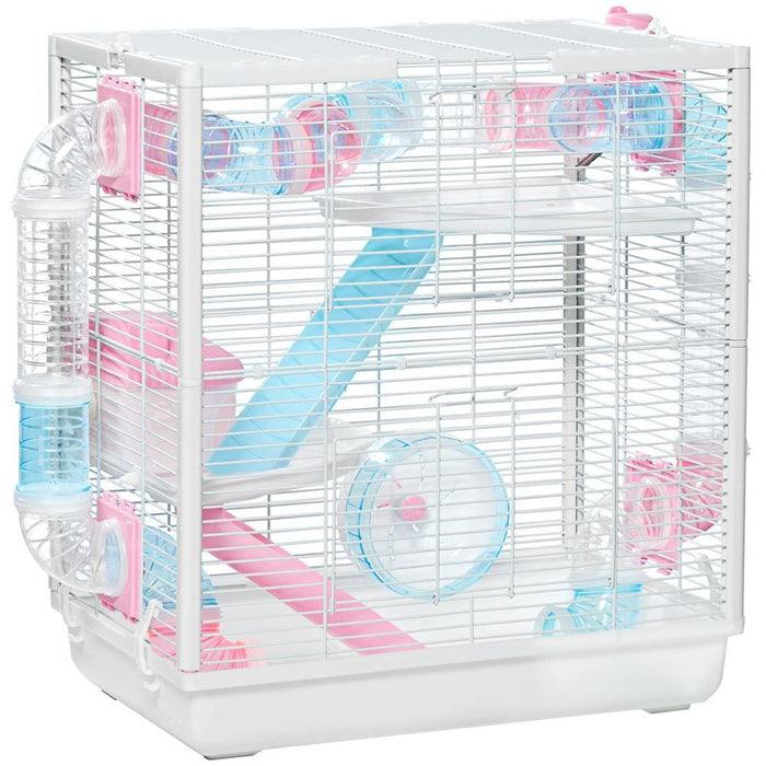 PawHut Hamster Cage w/ Tunnel Tube, Detachable Bottom, Ramps, Exercise Wheel