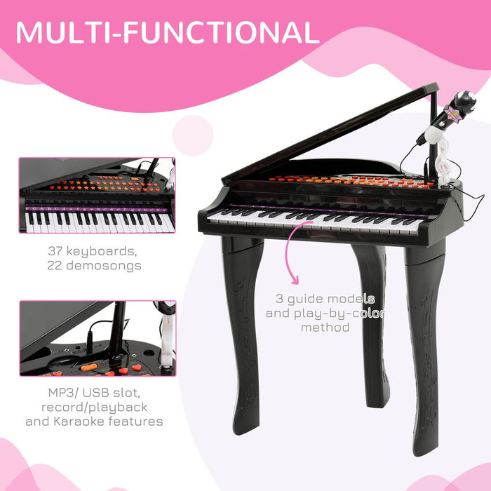 37 Key Mini Piano Keyboard w/ Microphone & Stool | Black | Safe & Durable | Interactive | Connects to MP3 & USB | Ages 3-6