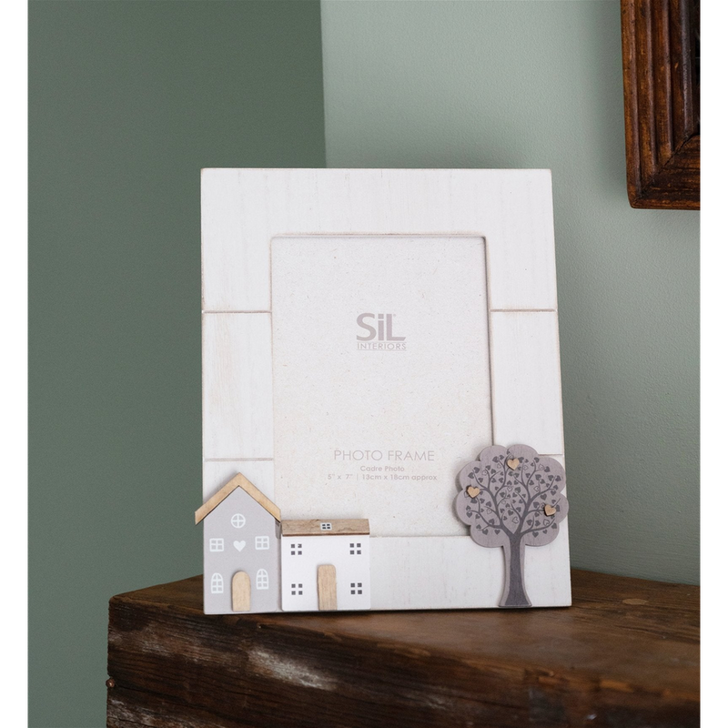 Hand Carved Wooden Houses Photo Frame 5x7 - Perfect Gift for New Homeowners - Enhance Any Room - Natural Colors - SKU: OR1691
