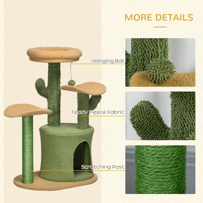 PawHut Cactus Cat Tree 83cm Cat Climbing Tower Kitten Activity Centre w/Cat House, Bed, Sisal Scratching Post, Hanging Toy Ball - Green