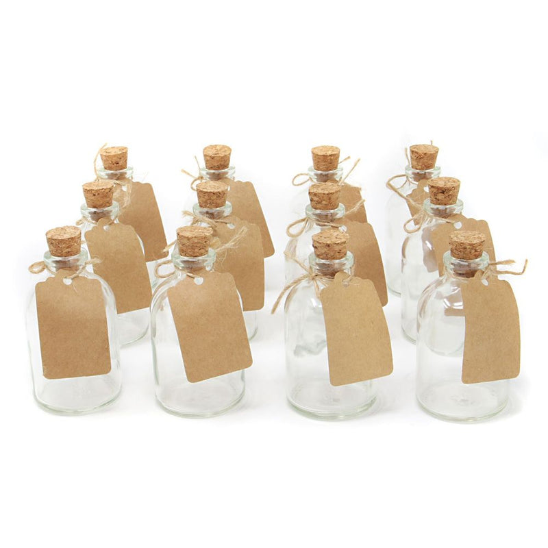 Romantic Mini Glass Bottles - Set of 12 | Decorative Labels | 50ml Capacity