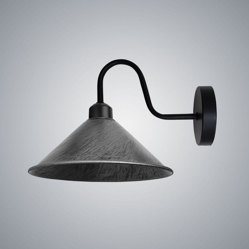 Brushed Silver Wall Light Fixture: Black Sconce, E27 Base Socket, Screw Type, Wall Mounted, Swan Neck, Cone Shape Shade
