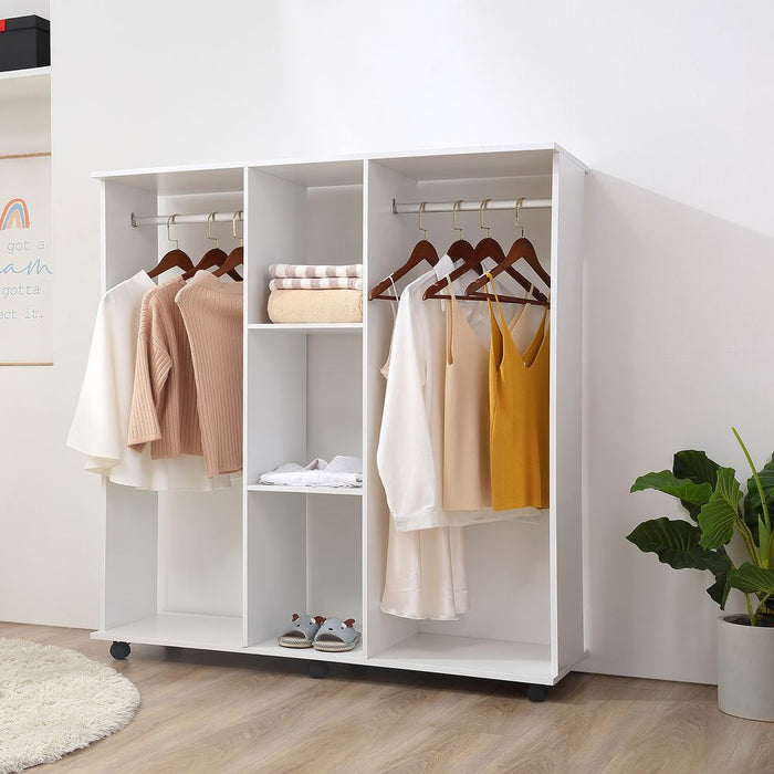 Mobile Double Open Wardrobe w/ Clothes Hanging Rail Colthing White