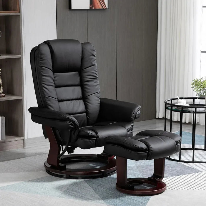 Swivel Manual Recliner and Footrest Set PU Lounge Chair Wood Base, Black