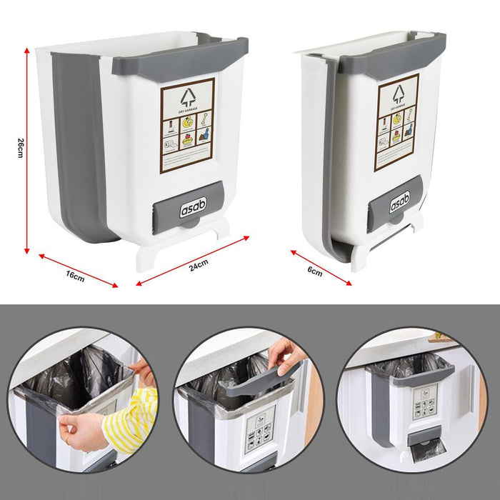 ASAB Foldable Trash Bin - Space Saving White/Grey Design - Sturdy and Practical - Easy Installation - 8L Capacity