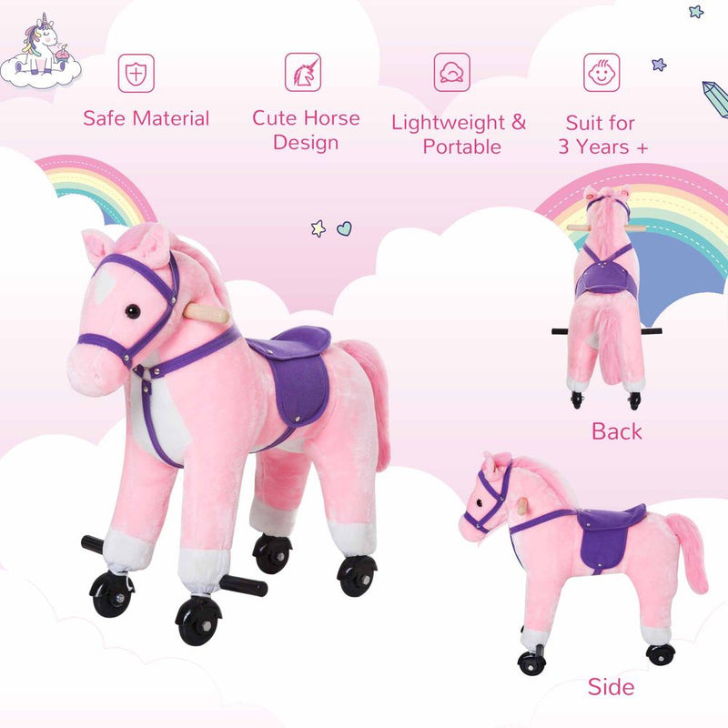 HOMCOM Wooden Action Pony Wheeled Walking Horse Riding Little Baby Plush Toy Wooden Style Ride on Animal Kids Gift w/Sound (Pink)