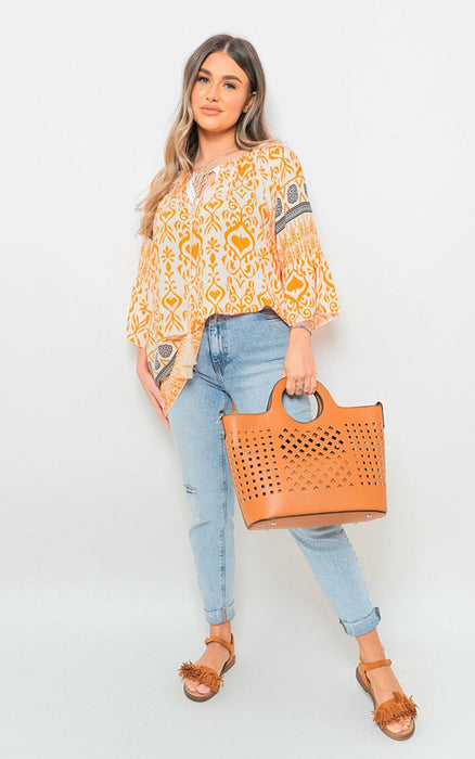 Captivating Boho Prints: Tassel Tie Neck Long Sleeve Tops