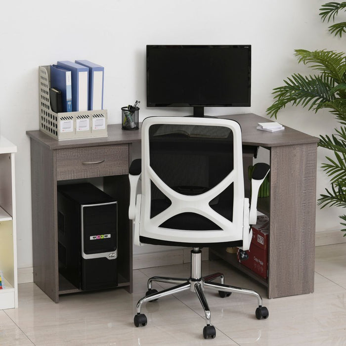 Space-Efficient L-Shaped Grey Computer Desk with 2-Tier Shelves