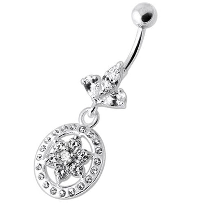 Flower in multi Jeweled Round Frame Navel Bar