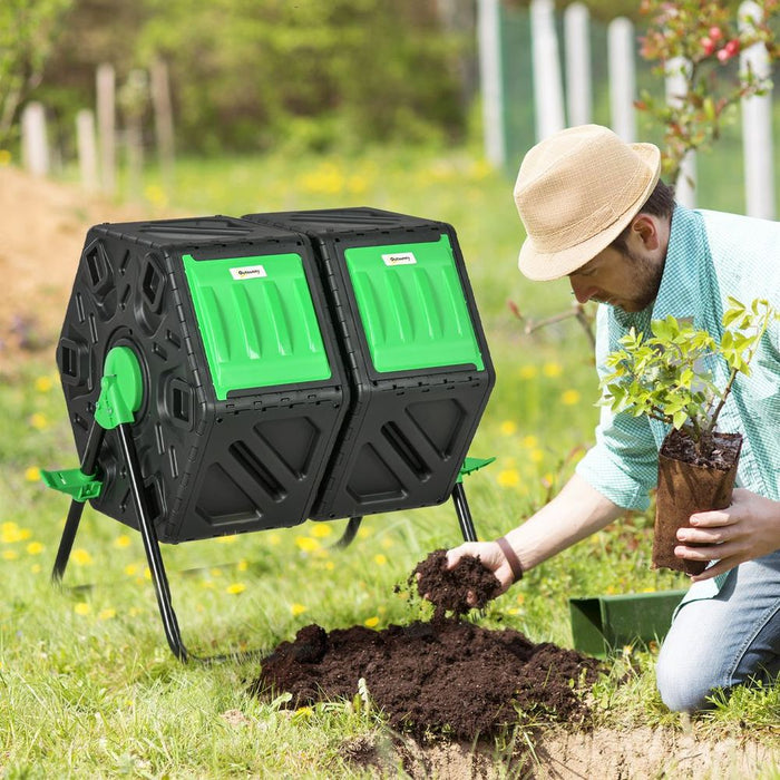 Outsunny 130L Compost Bin - Dual Chamber Rotating Composter with Ventilation Holes