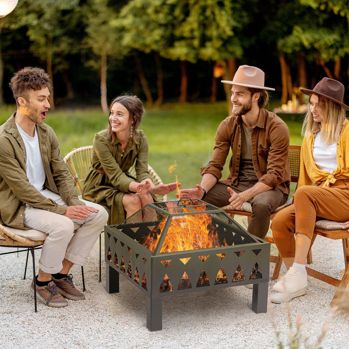 Premium Outdoor Fire Pit - Durable Metal, Wood Burner, Mesh Screen & Poker Included