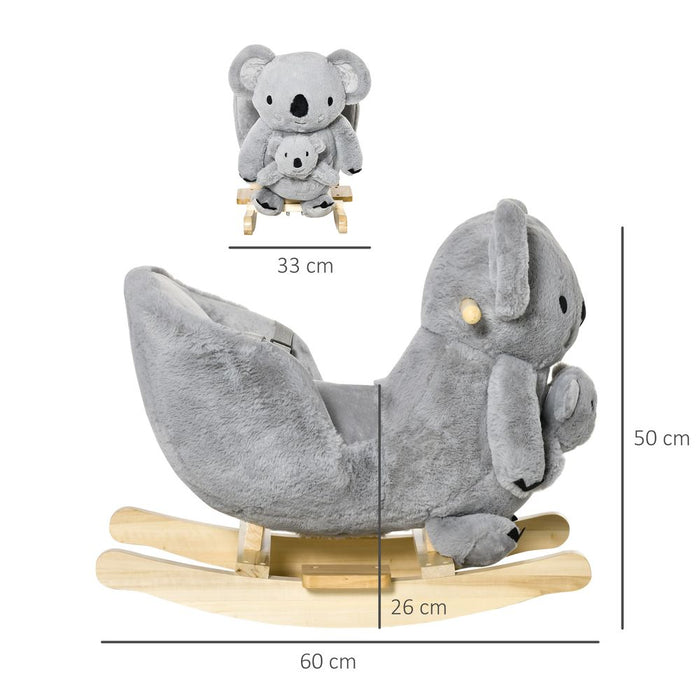 HOMCOM Kids Toddler Rocking Horse Plush Ride On Koala Rocker Wooden Base Seat Safety Belt w/Gloved Doll Toy for 18-36 Months Grey