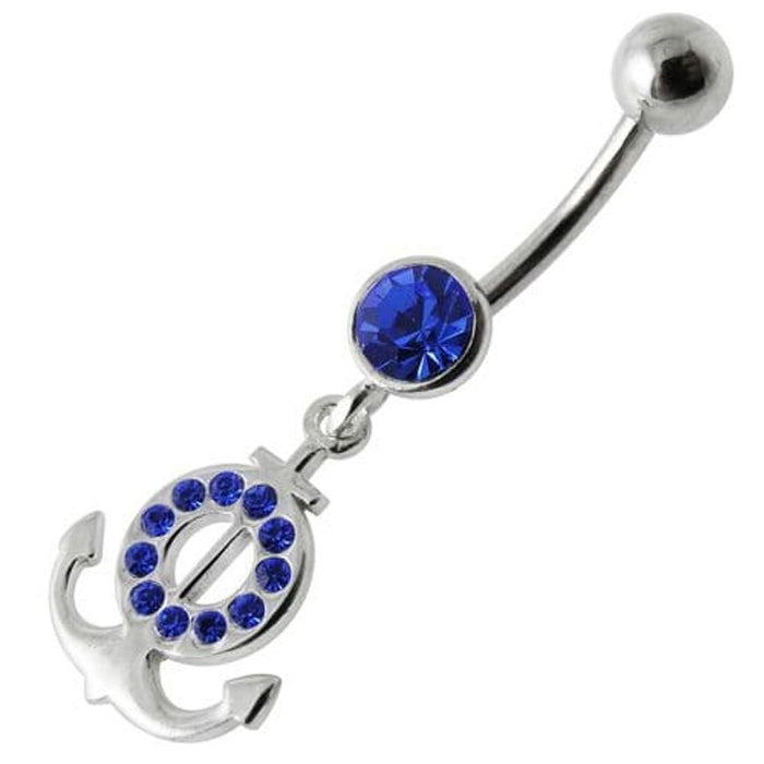 Silver Fancy Multi Jeweled Logo Dangling Banana Bar Belly Ring