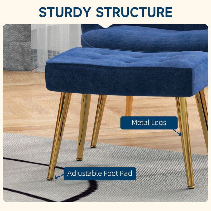 HOMCOM Button Tufted Armchair with Footstool and Gold Tone Steel Legs Dark Blue