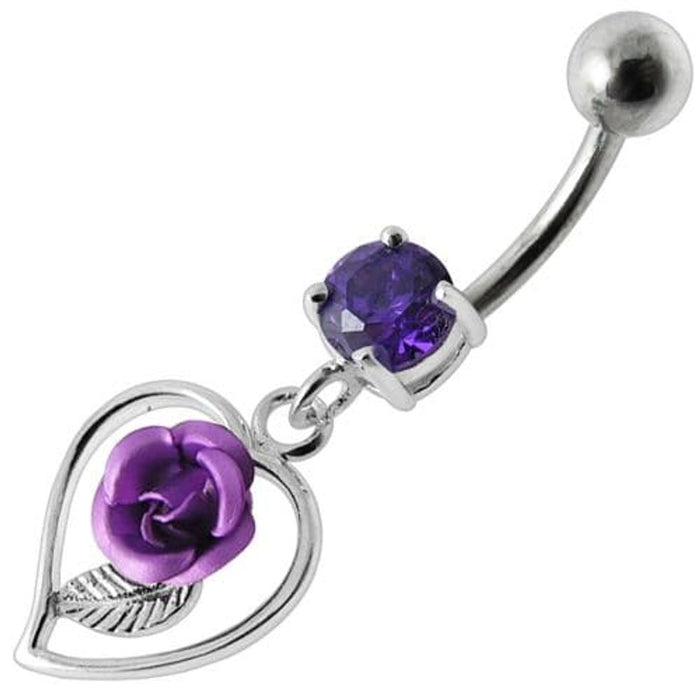 Rose in Heart Jeweled Dangling Belly Ring