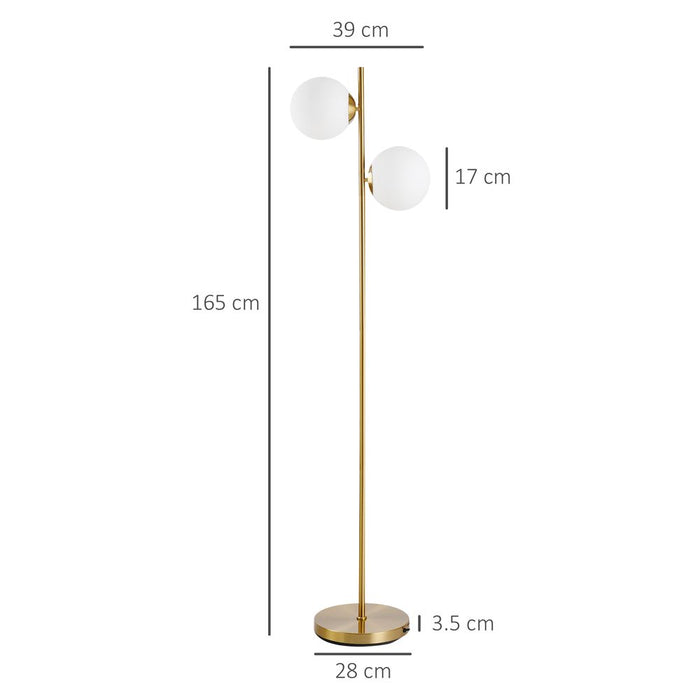 HOMCOM 2 Lights Tree Floor Lamp for Living Room with Globe Lampshade, Standing Lamp for Bedroom, (Bulb not Included), Gold Tone