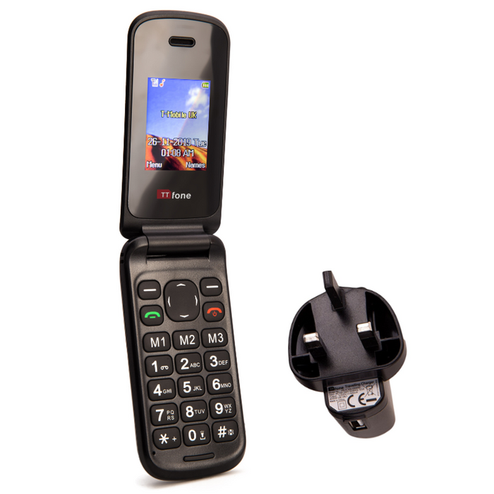 TTfone Black Flip Big Button GSM Mobile Phone - Cheap & Simple - Charger Included