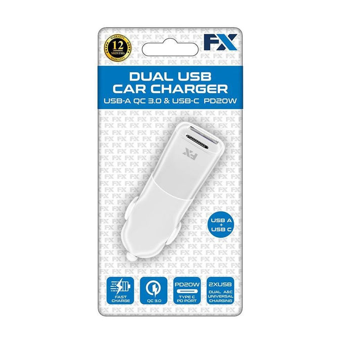 FX Car Fast Charger Dual USB - USB-A PD20W + USB-A QC3.0, White