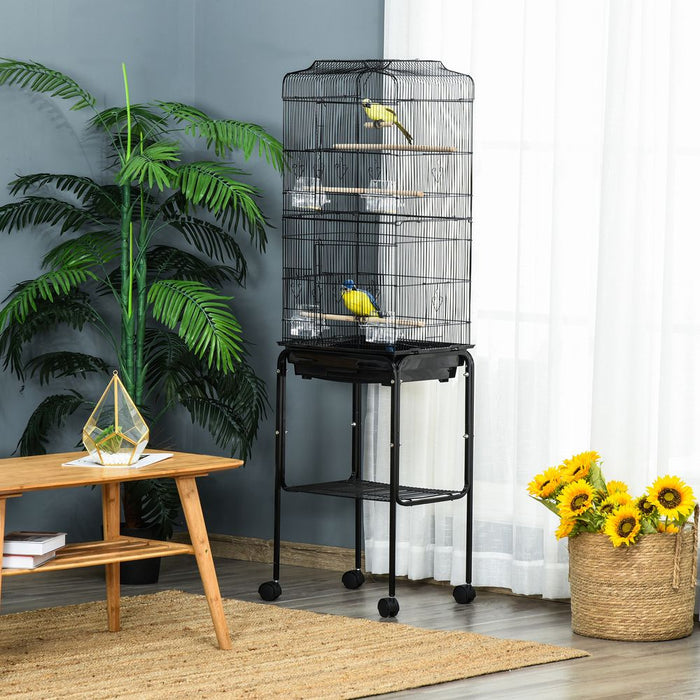 Bird Cage Metal Budgie Cages W/ Rolling Stand Slide-out Tray Storage Shelf Black