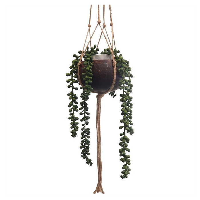 Vie Naturals Coconut Shell Pot Holder with Jute Macrame Rope for Hanging - Eco-Friendly & Sturdy - Brown