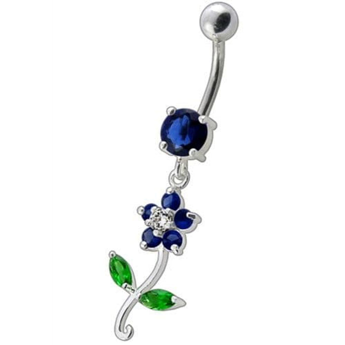 Fancy Flower With Green Jeweled Leafs Dangling Navel Banana Bar Ring